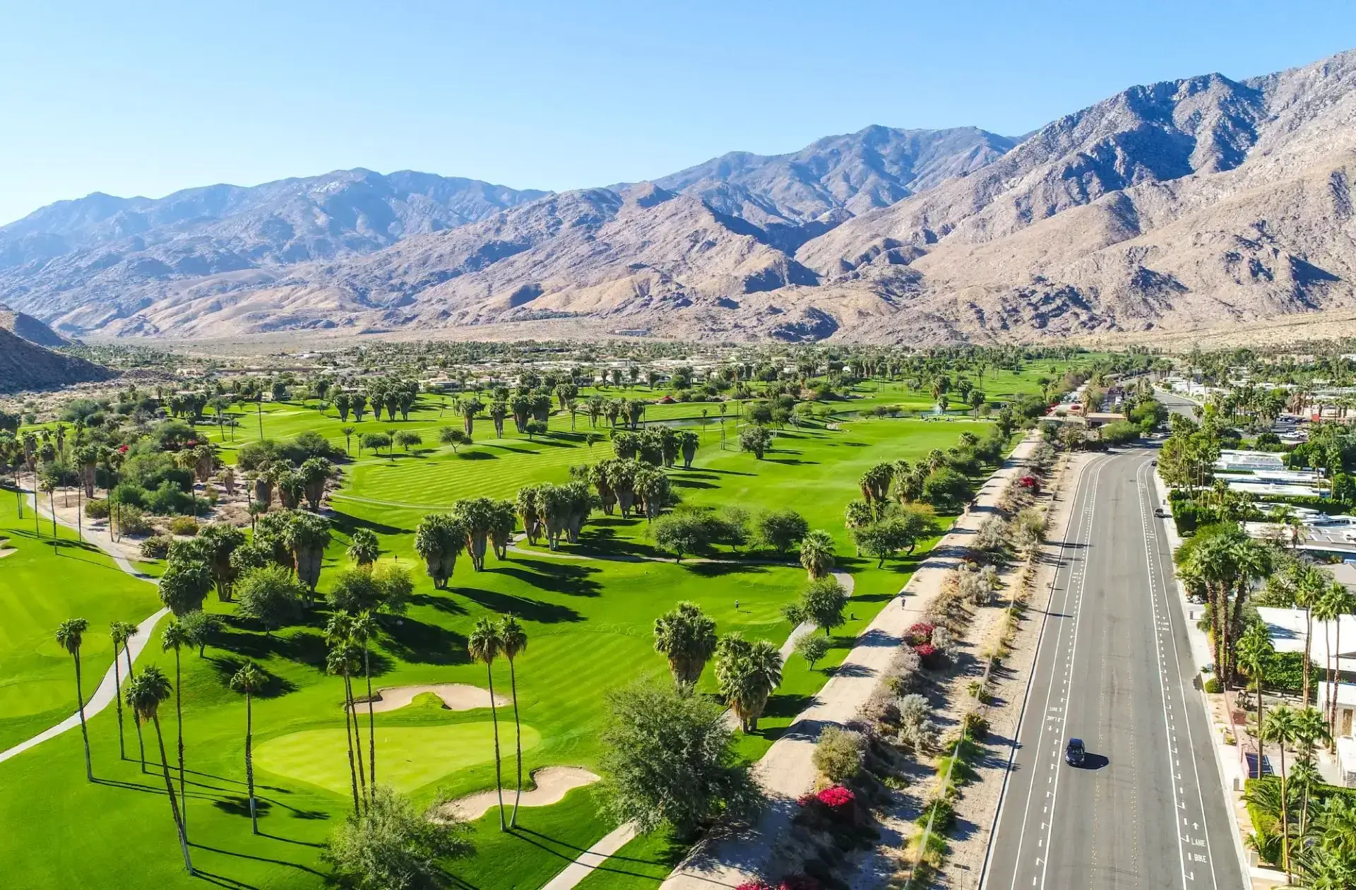 Palm Springs golf course aerial view.