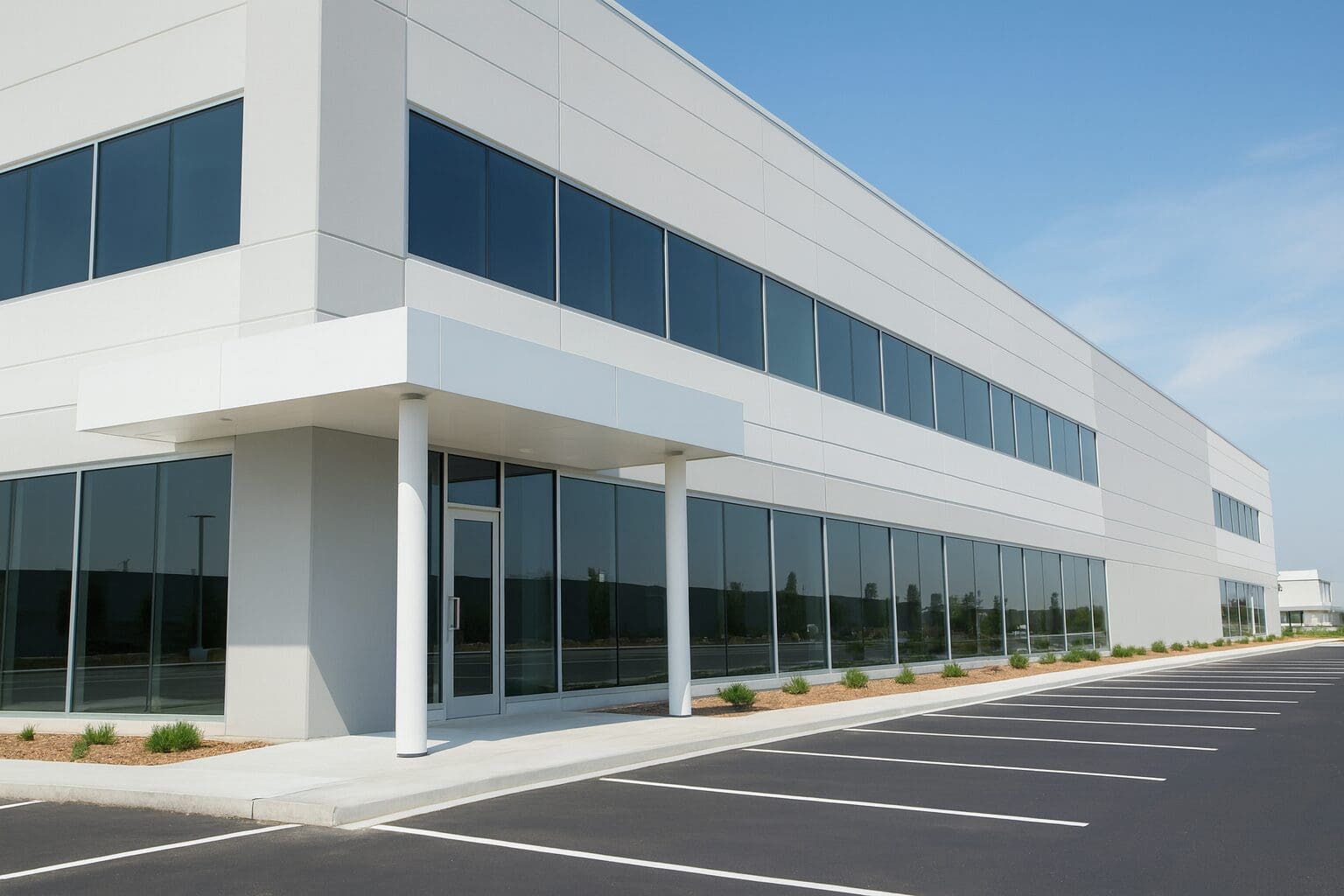Modern office building with empty parking lot.