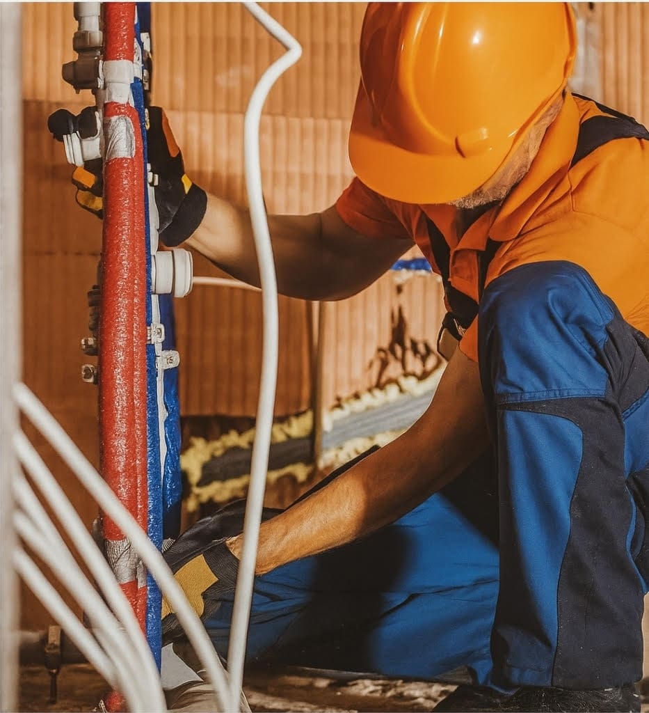 Worker fixing pipes in construction site.