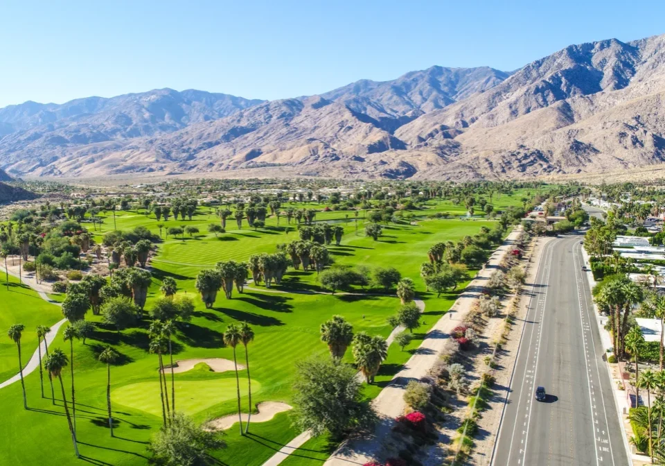 Palm Springs golf course aerial view.